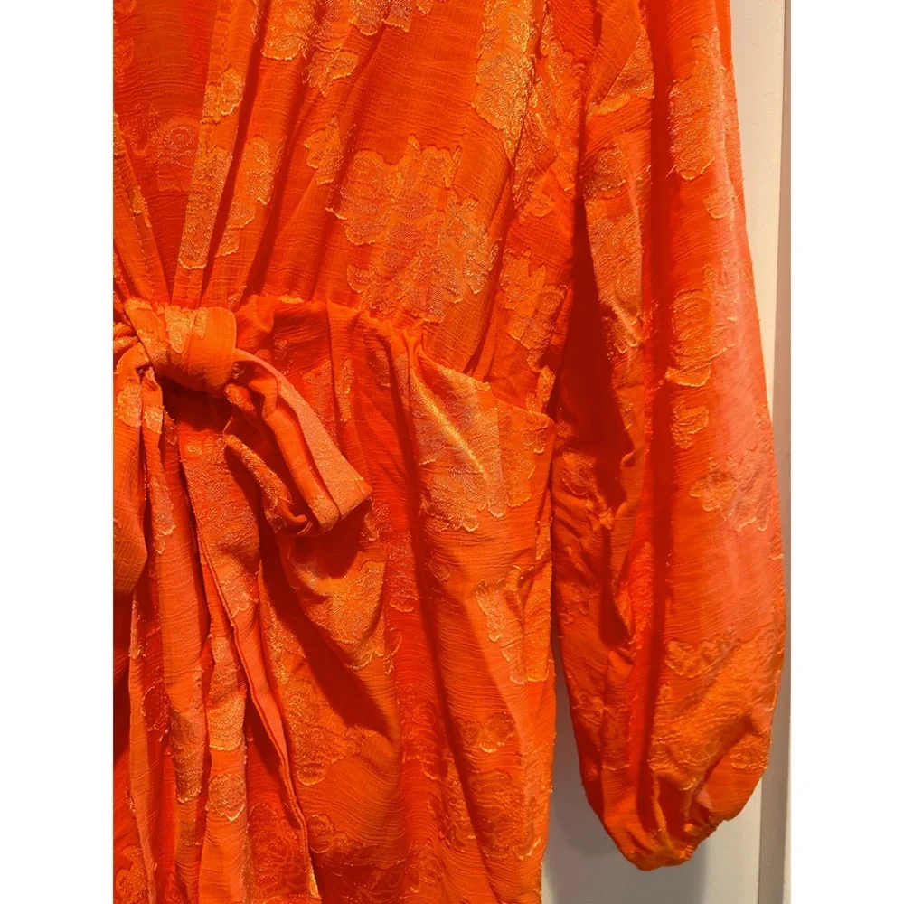 Orange Floral Wrap Tie Dress - Picture 6 of 7